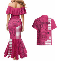 Personalised Maui Island Couples Matching Mermaid Dress and Hawaiian Shirt Kakau Tribal Mixed Polynesian Pattern Pink LT9 - Wonder Print Shop