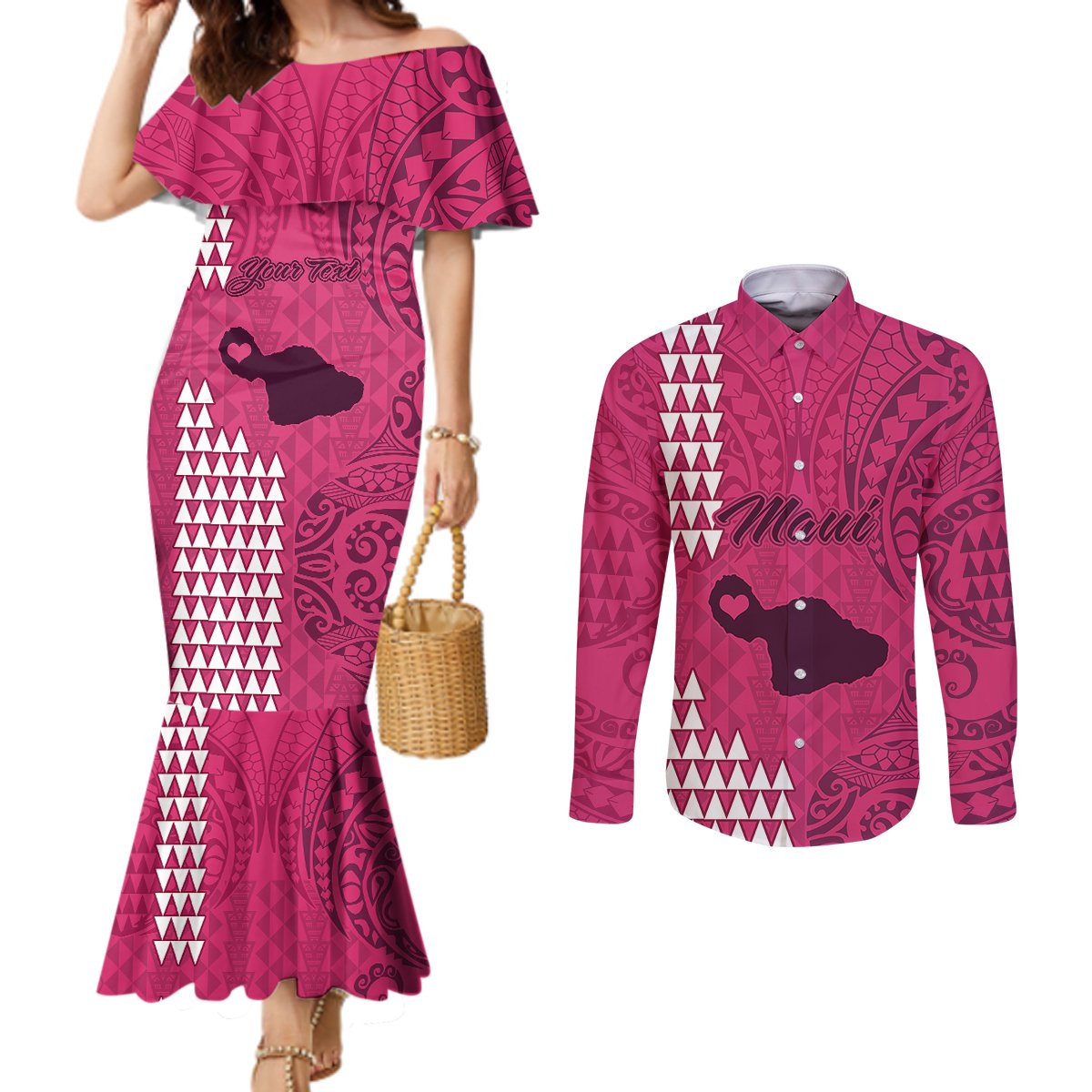 personalised-maui-island-couples-matching-mermaid-dress-and-long-sleeve-button-shirts-kakau-tribal-mixed-polynesian-pattern-pink