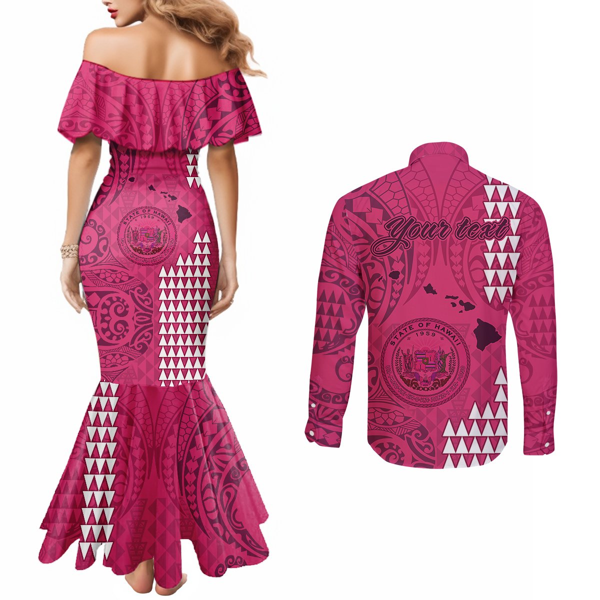 personalised-maui-island-couples-matching-mermaid-dress-and-long-sleeve-button-shirts-kakau-tribal-mixed-polynesian-pattern-pink
