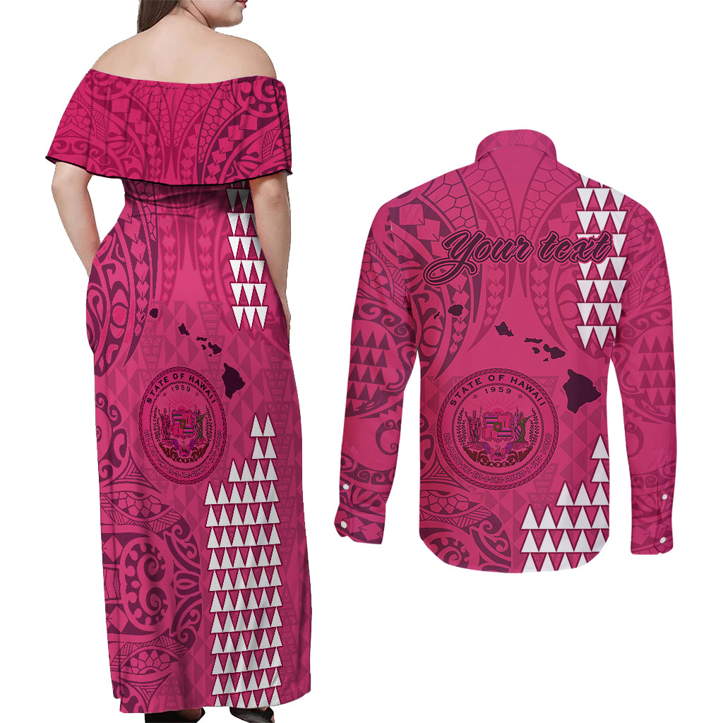 Personalised Maui Island Couples Matching Off Shoulder Maxi Dress and Long Sleeve Button Shirts Kakau Tribal Mixed Polynesian Pattern Pink LT9 - Wonder Print Shop