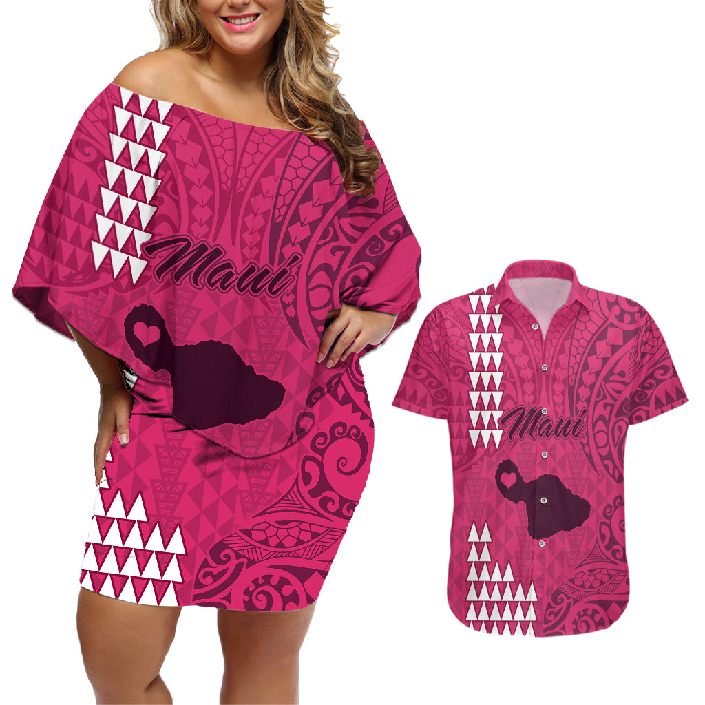 Personalised Maui Island Couples Matching Off Shoulder Short Dress and Hawaiian Shirt Kakau Tribal Mixed Polynesian Pattern Pink LT9 - Wonder Print Shop