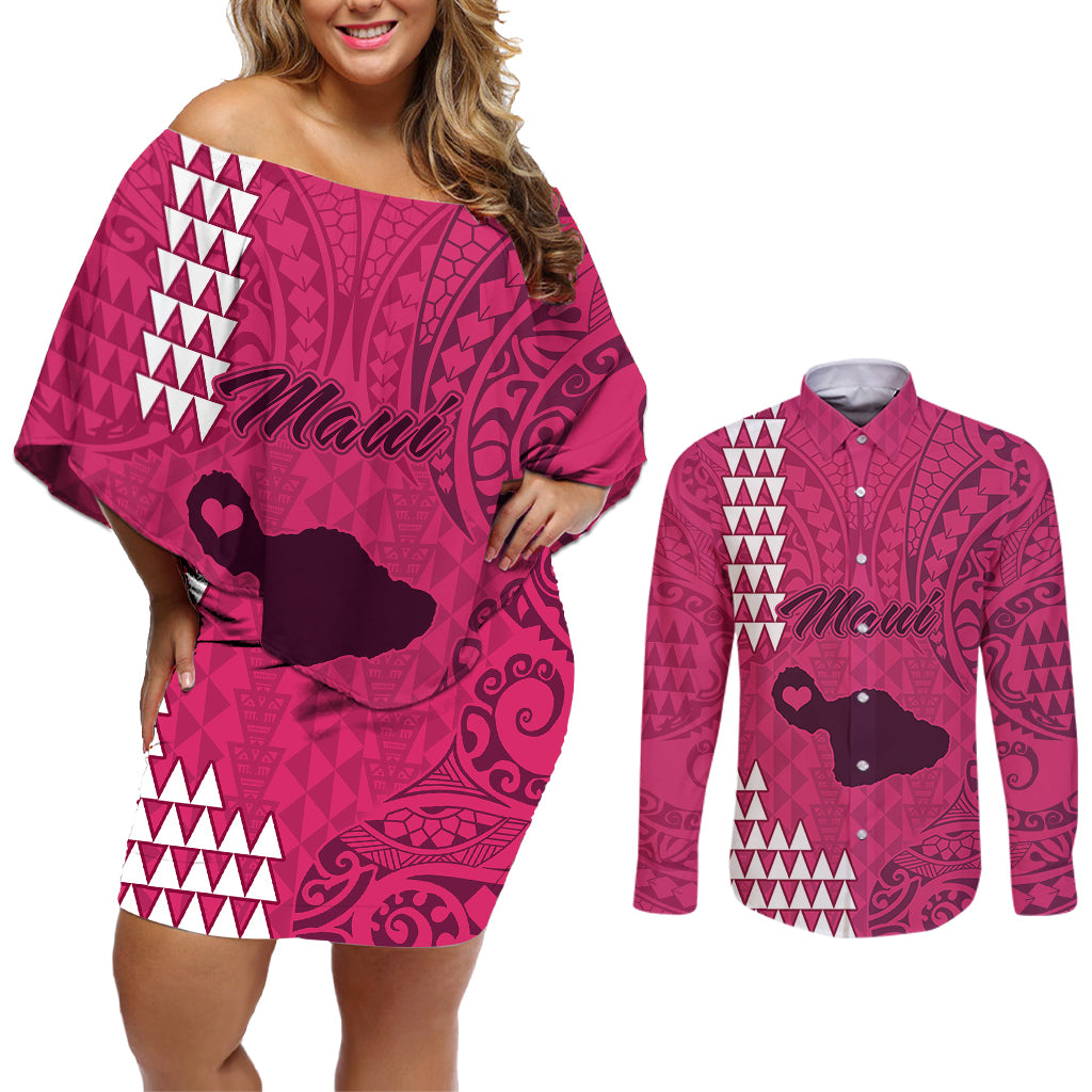 Personalised Maui Island Couples Matching Off Shoulder Short Dress and Long Sleeve Button Shirts Kakau Tribal Mixed Polynesian Pattern Pink LT9 - Wonder Print Shop