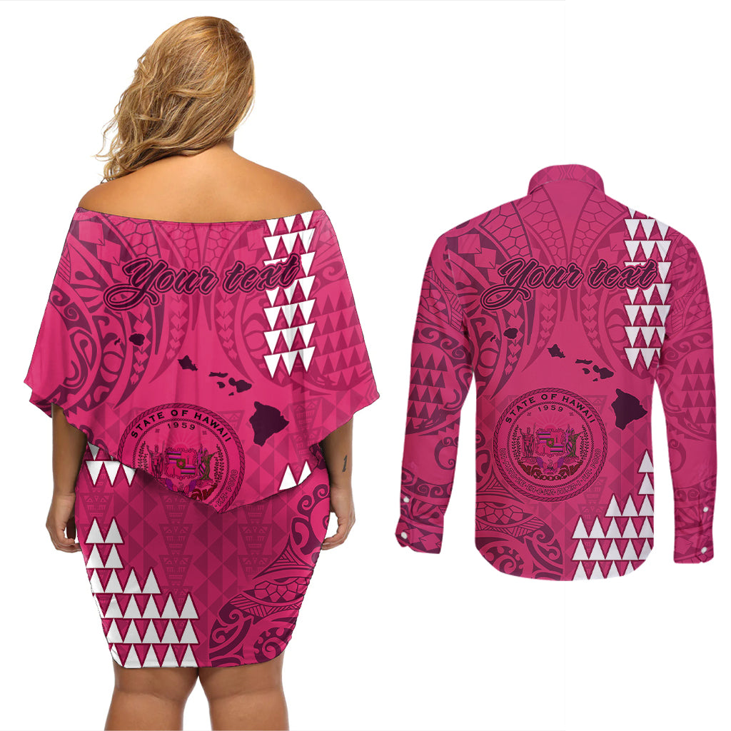 Personalised Maui Island Couples Matching Off Shoulder Short Dress and Long Sleeve Button Shirts Kakau Tribal Mixed Polynesian Pattern Pink LT9 - Wonder Print Shop