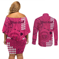 Personalised Maui Island Couples Matching Off Shoulder Short Dress and Long Sleeve Button Shirts Kakau Tribal Mixed Polynesian Pattern Pink LT9 - Wonder Print Shop