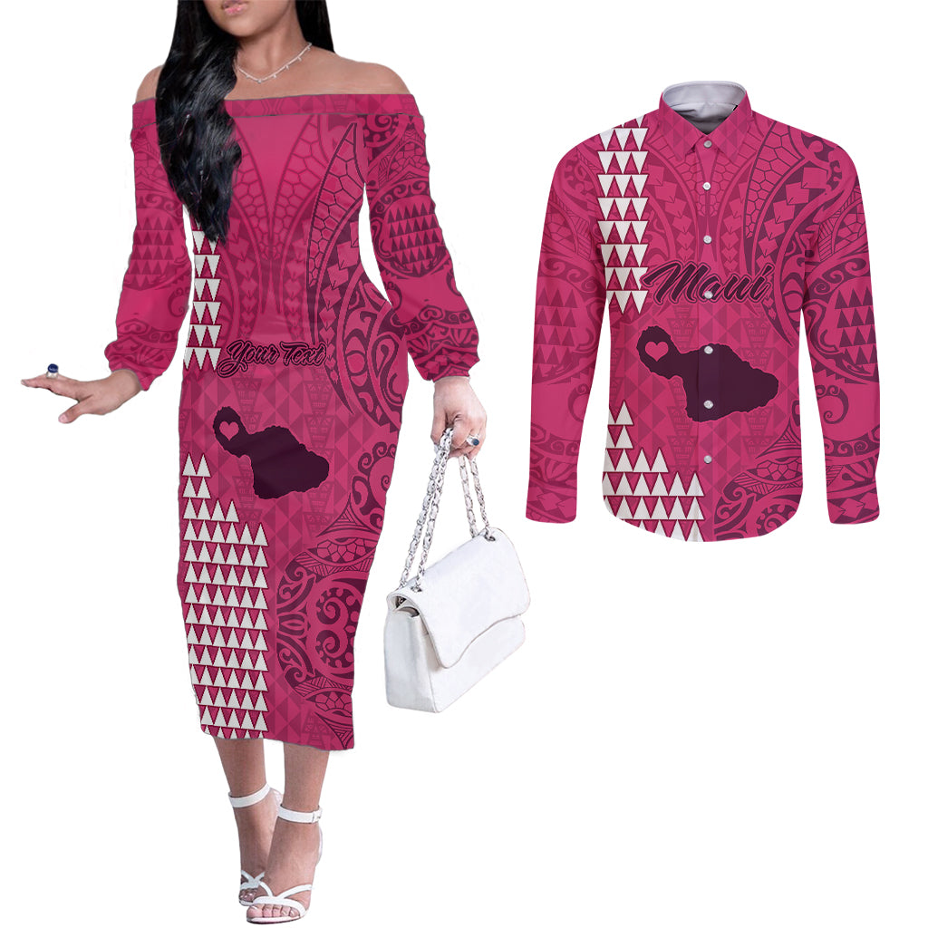 personalised-maui-island-couples-matching-off-the-shoulder-long-sleeve-dress-and-long-sleeve-button-shirts-kakau-tribal-mixed-polynesian-pattern-pink