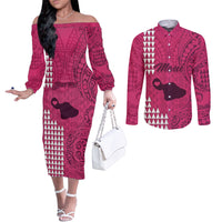personalised-maui-island-couples-matching-off-the-shoulder-long-sleeve-dress-and-long-sleeve-button-shirts-kakau-tribal-mixed-polynesian-pattern-pink