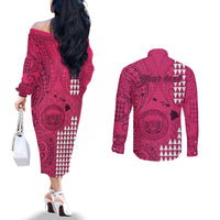 personalised-maui-island-couples-matching-off-the-shoulder-long-sleeve-dress-and-long-sleeve-button-shirts-kakau-tribal-mixed-polynesian-pattern-pink