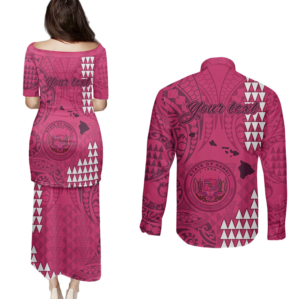 Personalised Maui Island Couples Matching Puletasi Dress and Long Sleeve Button Shirts Kakau Tribal Mixed Polynesian Pattern Pink LT9 - Wonder Print Shop