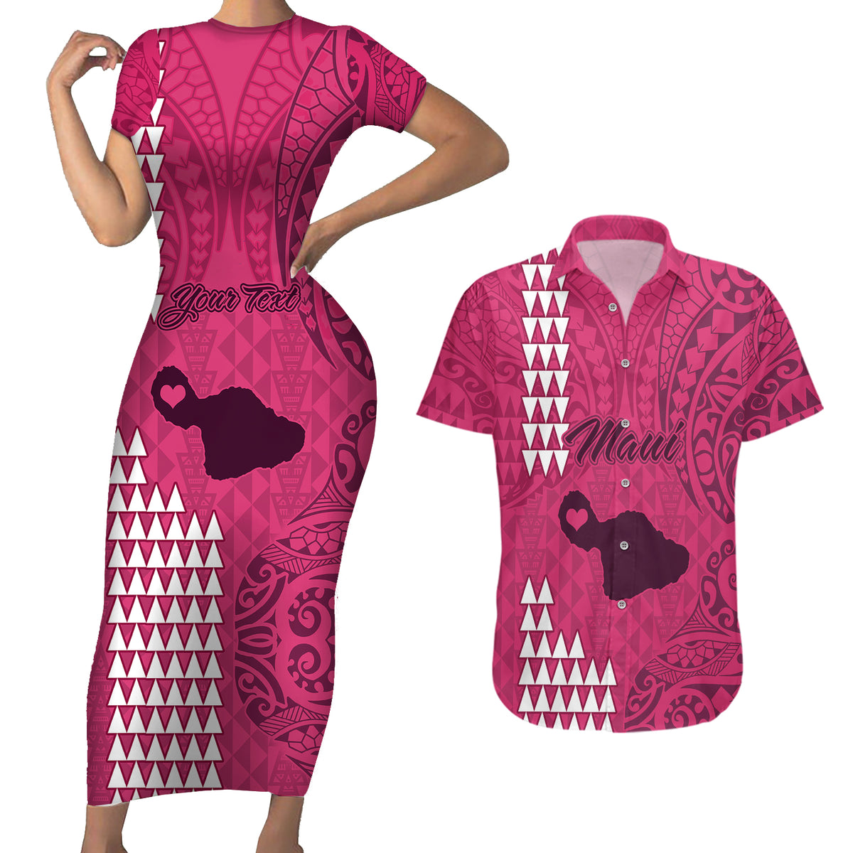 Personalised Maui Island Couples Matching Short Sleeve Bodycon Dress and Hawaiian Shirt Kakau Tribal Mixed Polynesian Pattern Pink LT9 - Wonder Print Shop