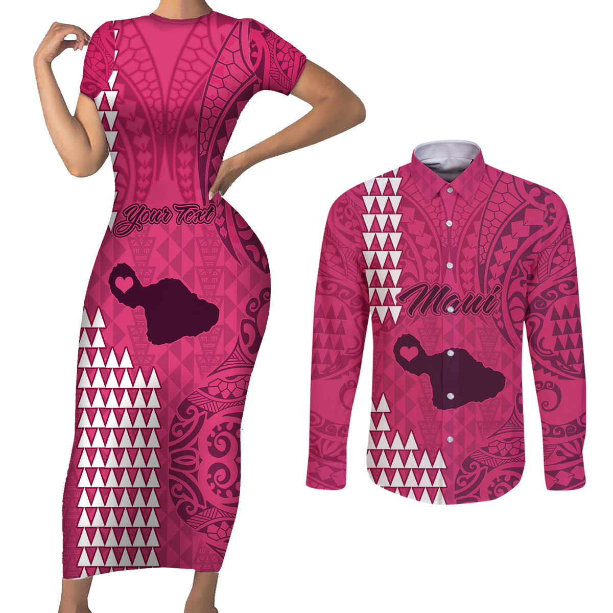 Personalised Maui Island Couples Matching Short Sleeve Bodycon Dress and Long Sleeve Button Shirts Kakau Tribal Mixed Polynesian Pattern Pink LT9 - Wonder Print Shop