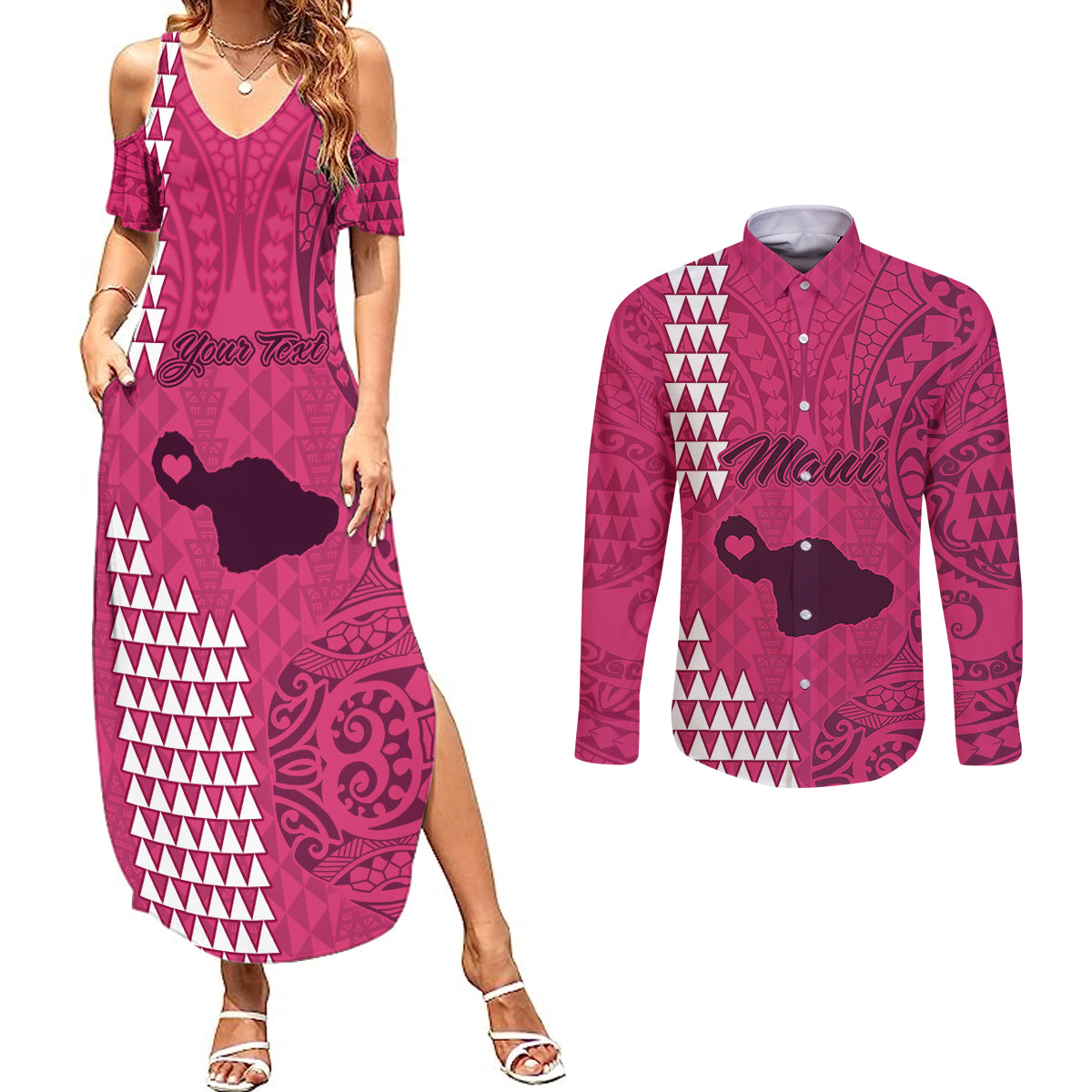Personalised Maui Island Couples Matching Summer Maxi Dress and Long Sleeve Button Shirts Kakau Tribal Mixed Polynesian Pattern Pink LT9 - Wonder Print Shop