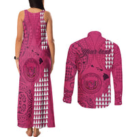 Personalised Maui Island Couples Matching Tank Maxi Dress and Long Sleeve Button Shirts Kakau Tribal Mixed Polynesian Pattern Pink LT9 - Wonder Print Shop