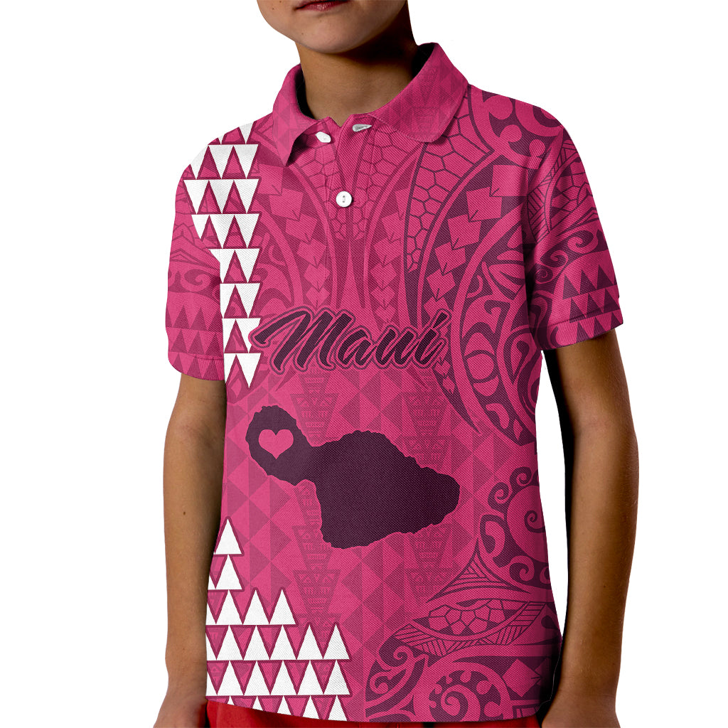 Personalised Maui Island Kid Polo Shirt Kakau Tribal Mixed Polynesian Pattern Pink - Wonder Print Shop