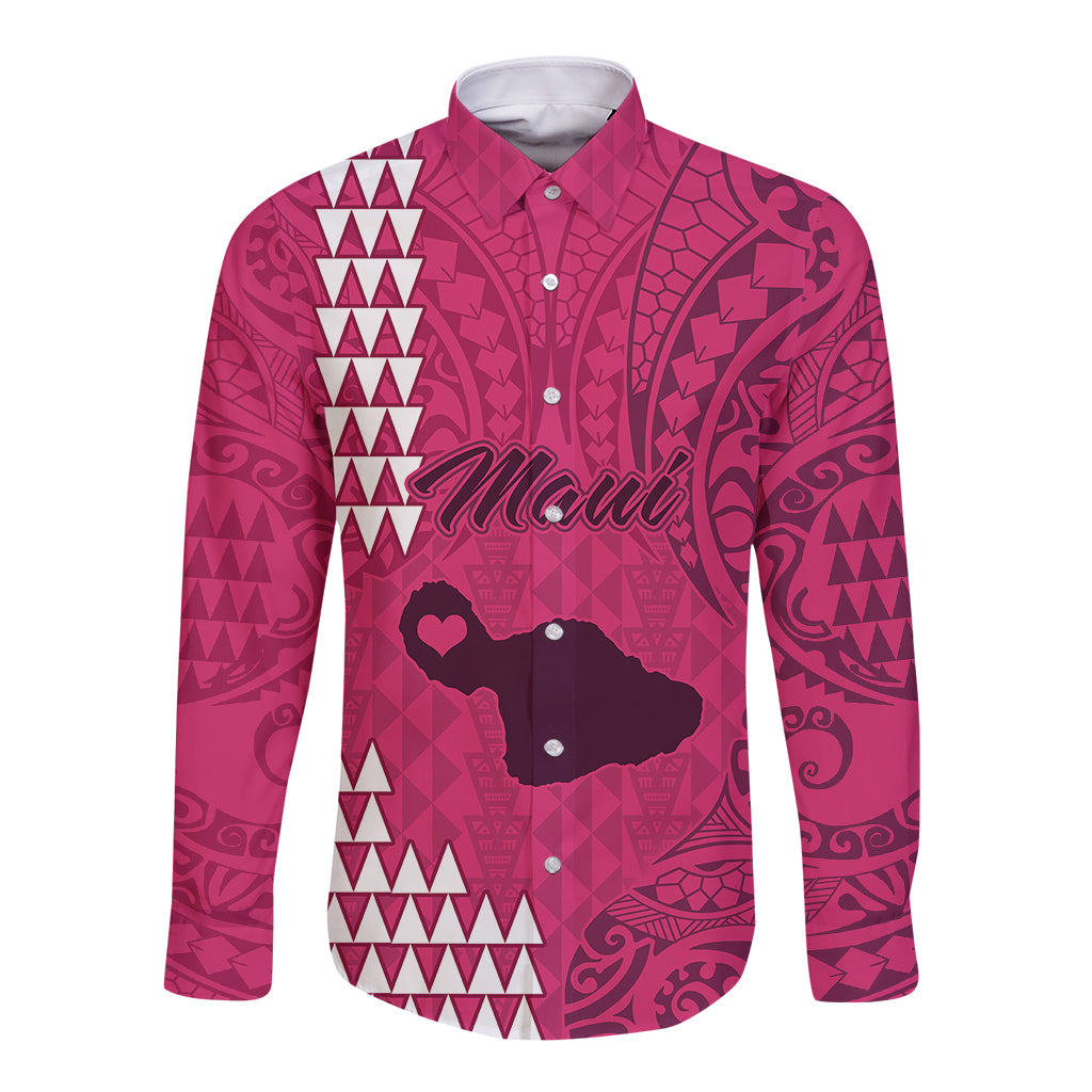 Personalised Maui Island Long Sleeve Button Shirt Kakau Tribal Mixed Polynesian Pattern Pink - Wonder Print Shop