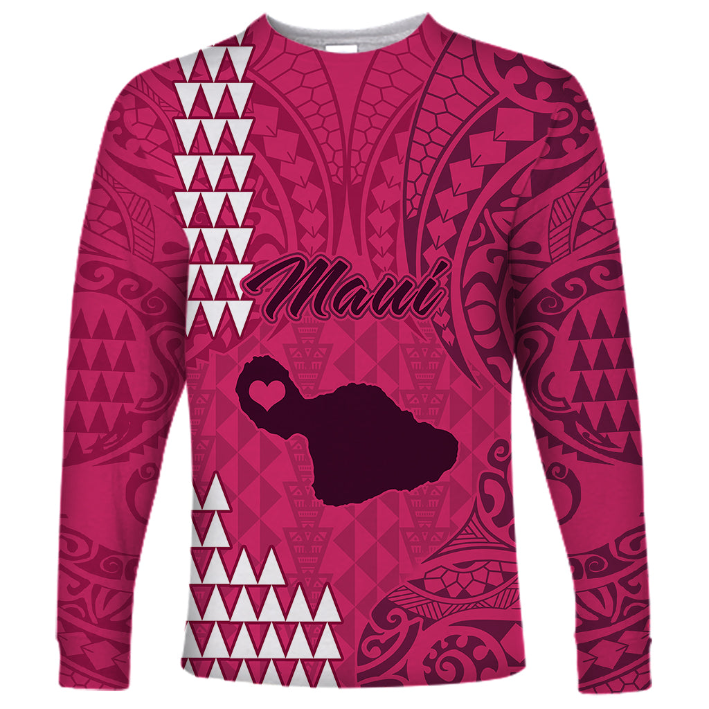 Personalised Maui Island Long Sleeve Shirt Kakau Tribal Mixed Polynesian Pattern Pink - Wonder Print Shop
