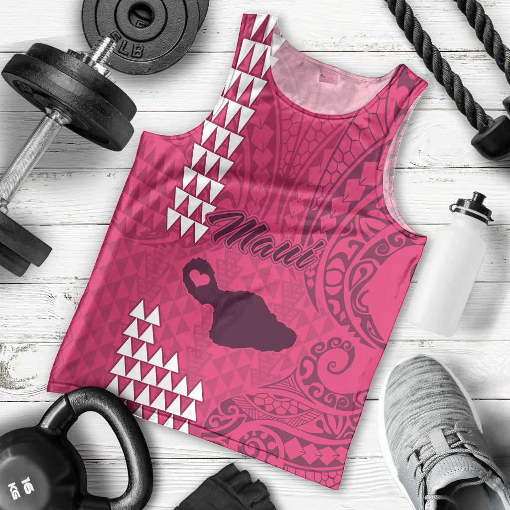 Men's pink sleeveless tank top with tribal geometric and island heart graphic, crew neck
