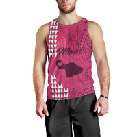 Men's pink sleeveless tank top with large island map graphic, tribal scroll accents and logo