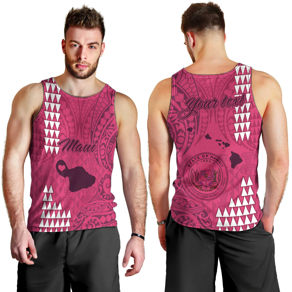 Men's pink tribal sleeveless tank top shown front and back views, crew neck