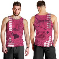 Men's pink tribal sleeveless tank top shown front and back views, crew neck