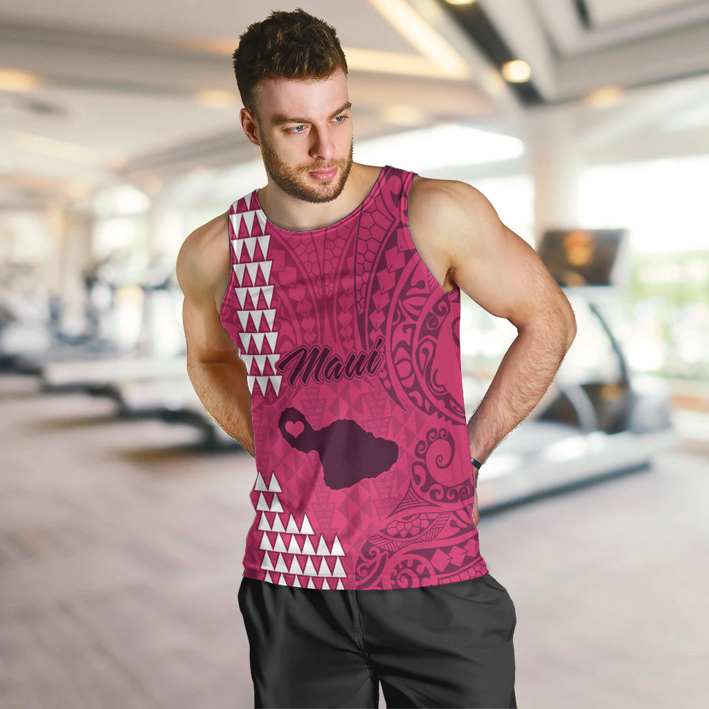 Men's pink sleeveless tank top with tribal pattern, script logo and heart island graphic