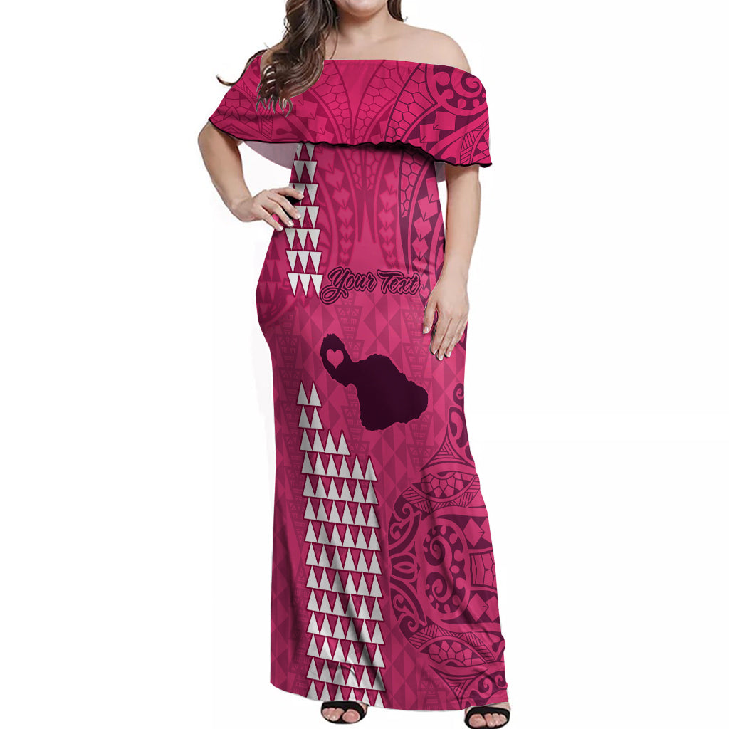 Personalised Maui Island Off Shoulder Maxi Dress Kakau Tribal Mixed Polynesian Pattern Pink - Wonder Print Shop