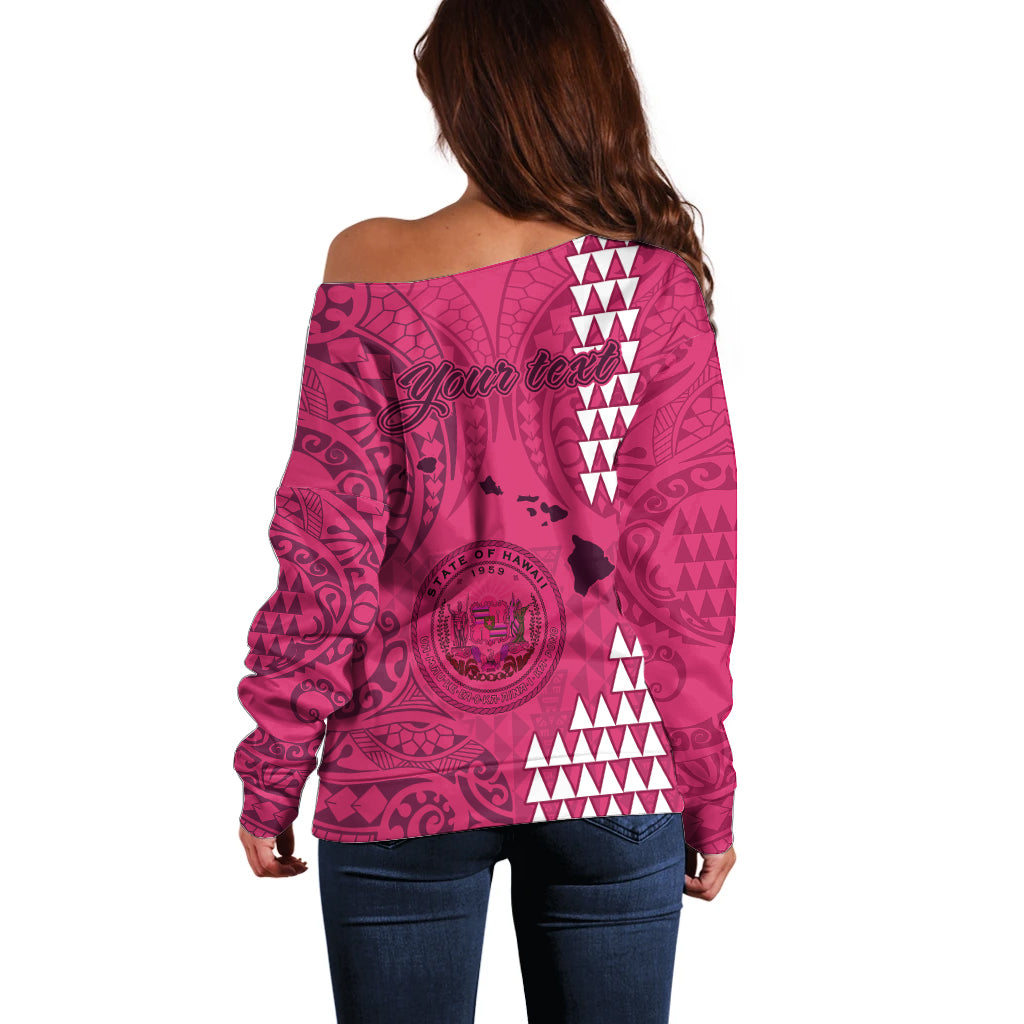 Personalised Maui Island Off Shoulder Sweater Kakau Tribal Mixed Polynesian Pattern Pink - Wonder Print Shop