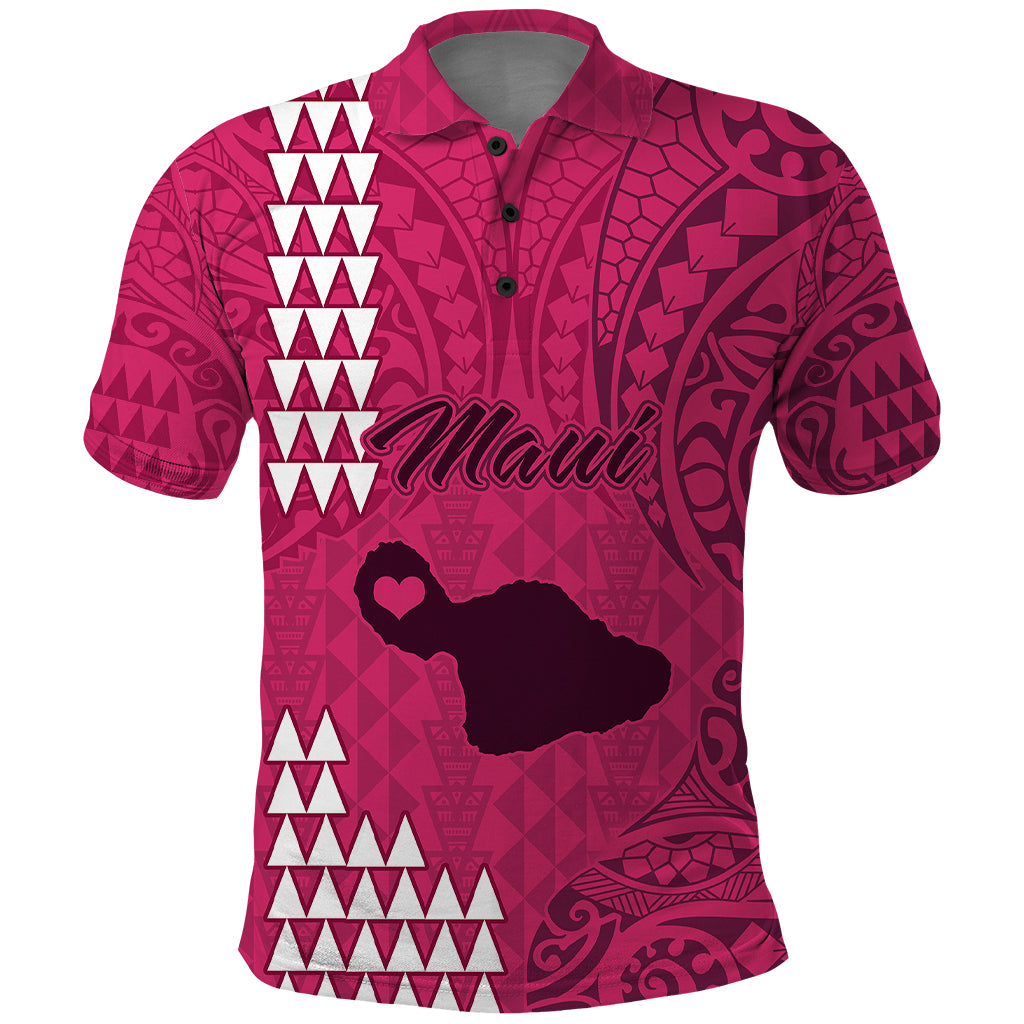 Personalised Maui Island Polo Shirt Kakau Tribal Mixed Polynesian Pattern Pink - Wonder Print Shop