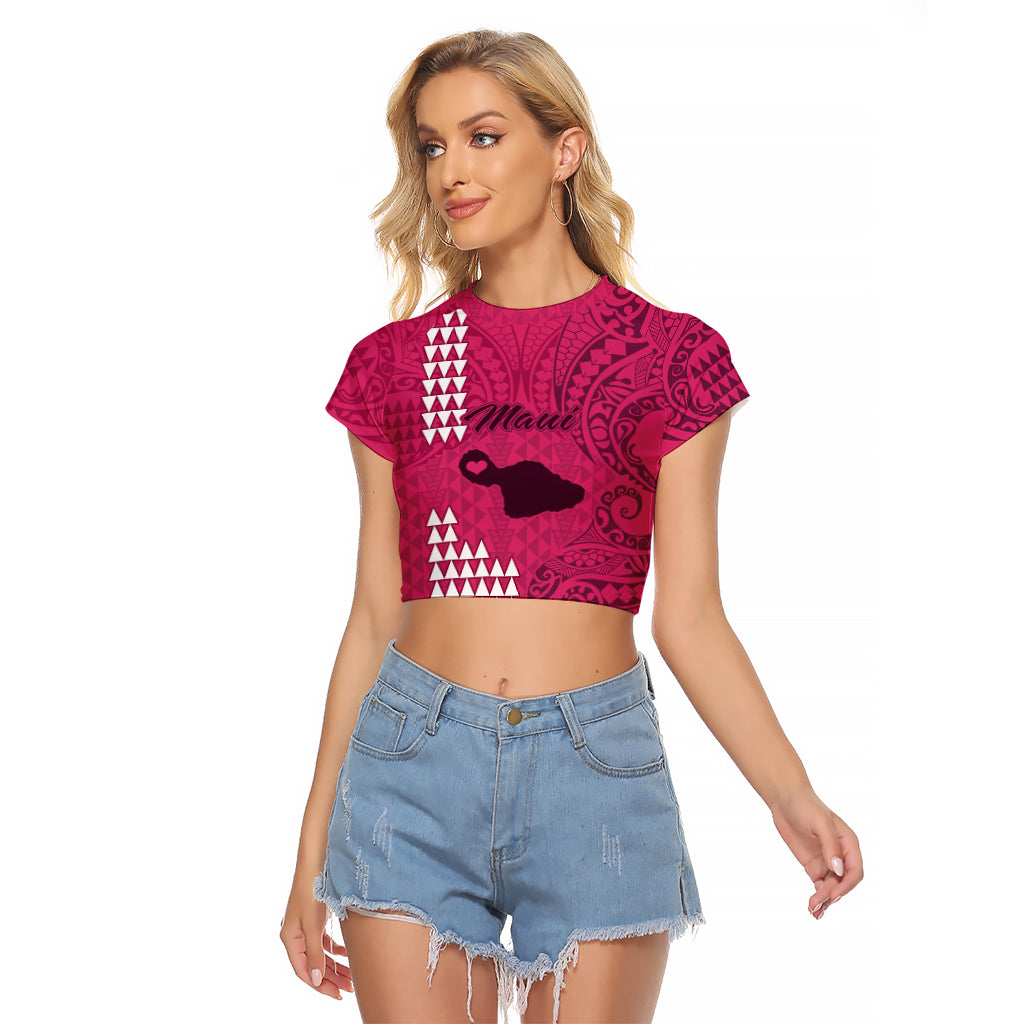 Personalised Maui Island Raglan Cropped T Shirt Kakau Tribal Mixed Polynesian Pattern Pink - Wonder Print Shop