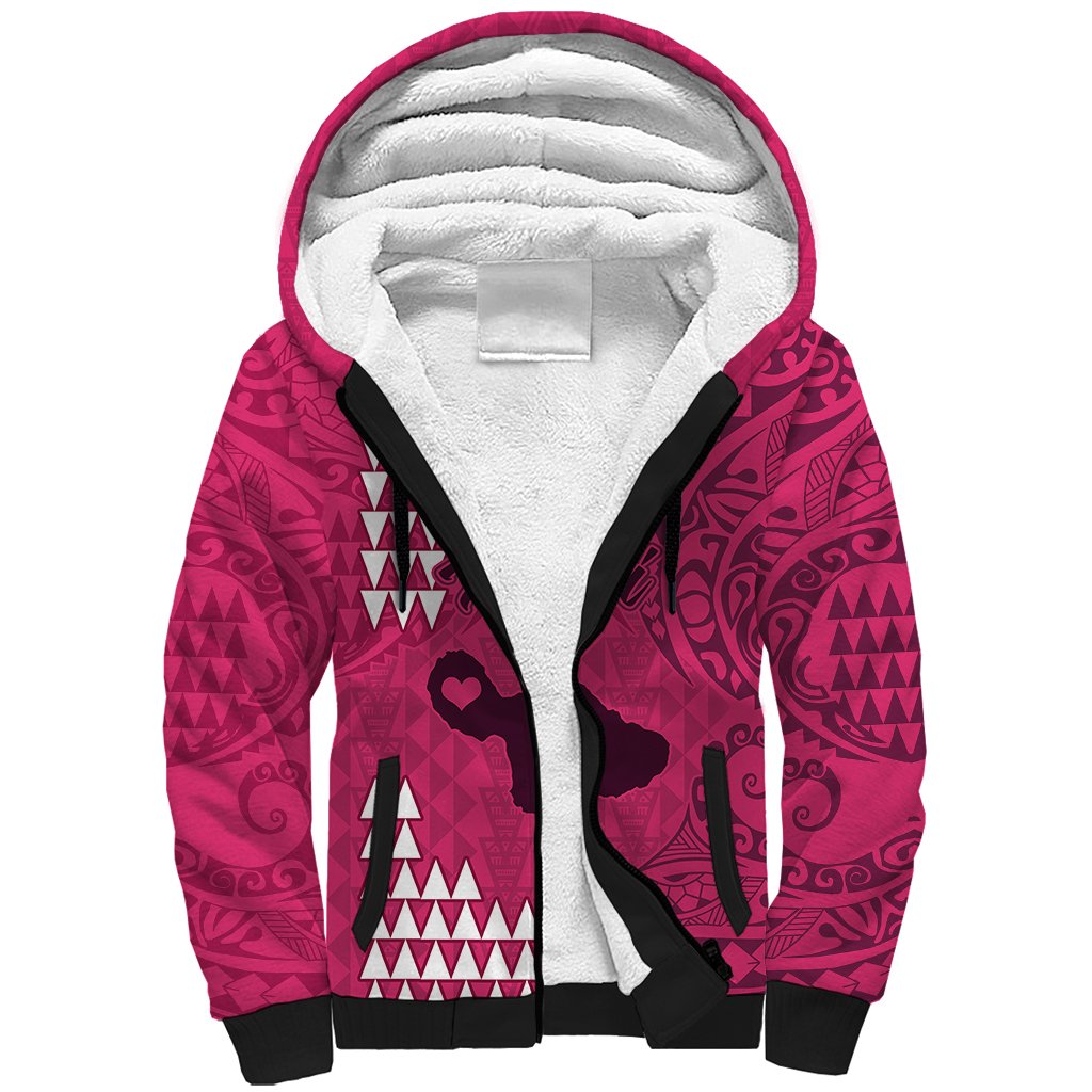 Personalised Maui Island Sherpa Hoodie Kakau Tribal Mixed Polynesian Pattern Pink - Wonder Print Shop