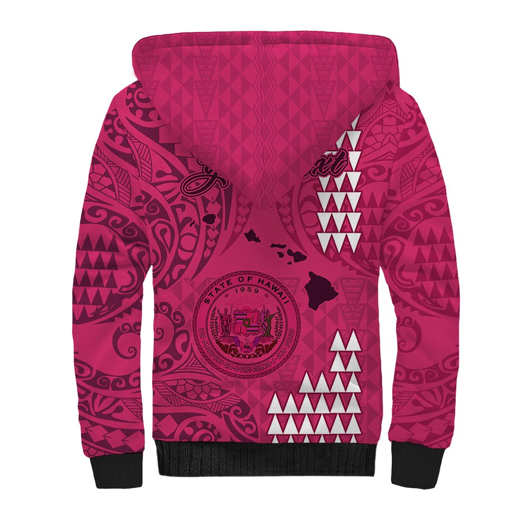 Personalised Maui Island Sherpa Hoodie Kakau Tribal Mixed Polynesian Pattern Pink - Wonder Print Shop