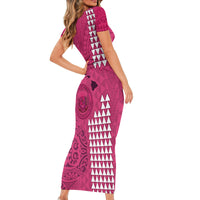 Personalised Maui Island Short Sleeve Bodycon Dress Kakau Tribal Mixed Polynesian Pattern Pink - Wonder Print Shop