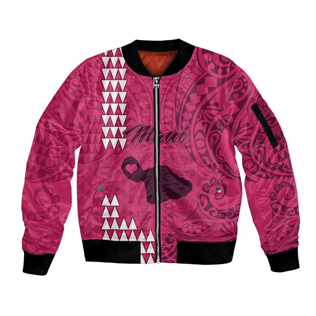 Personalised Maui Island Sleeve Zip Bomber Jacket Kakau Tribal Mixed Polynesian Pattern Pink - Wonder Print Shop
