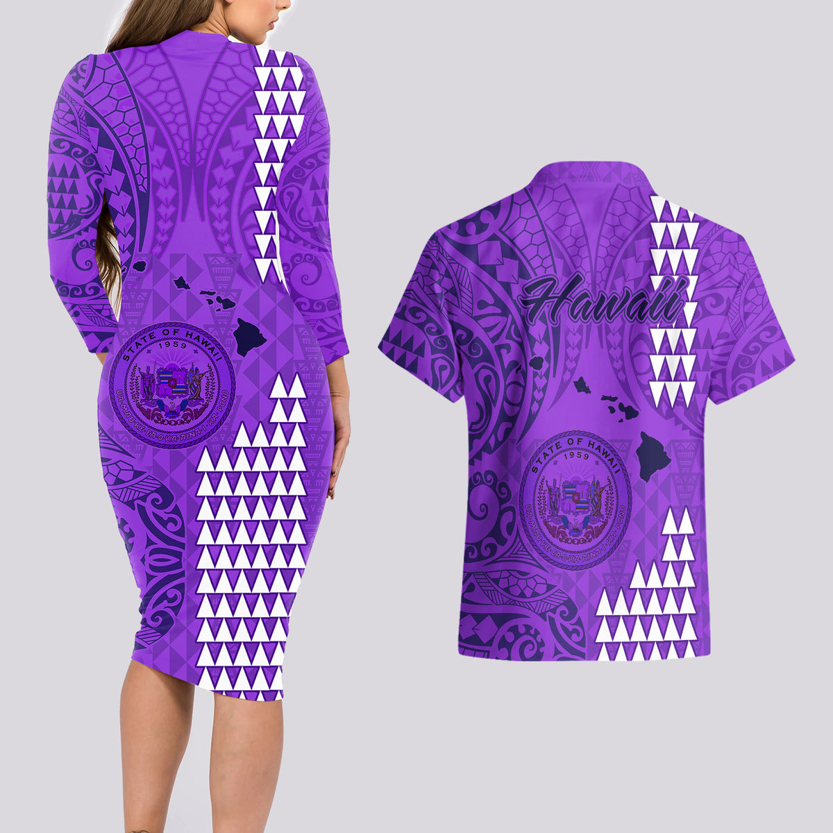 Maui Island Couples Matching Long Sleeve Bodycon Dress and Hawaiian Shirt Kakau Tribal Mixed Polynesian Pattern Purple LT9 - Wonder Print Shop