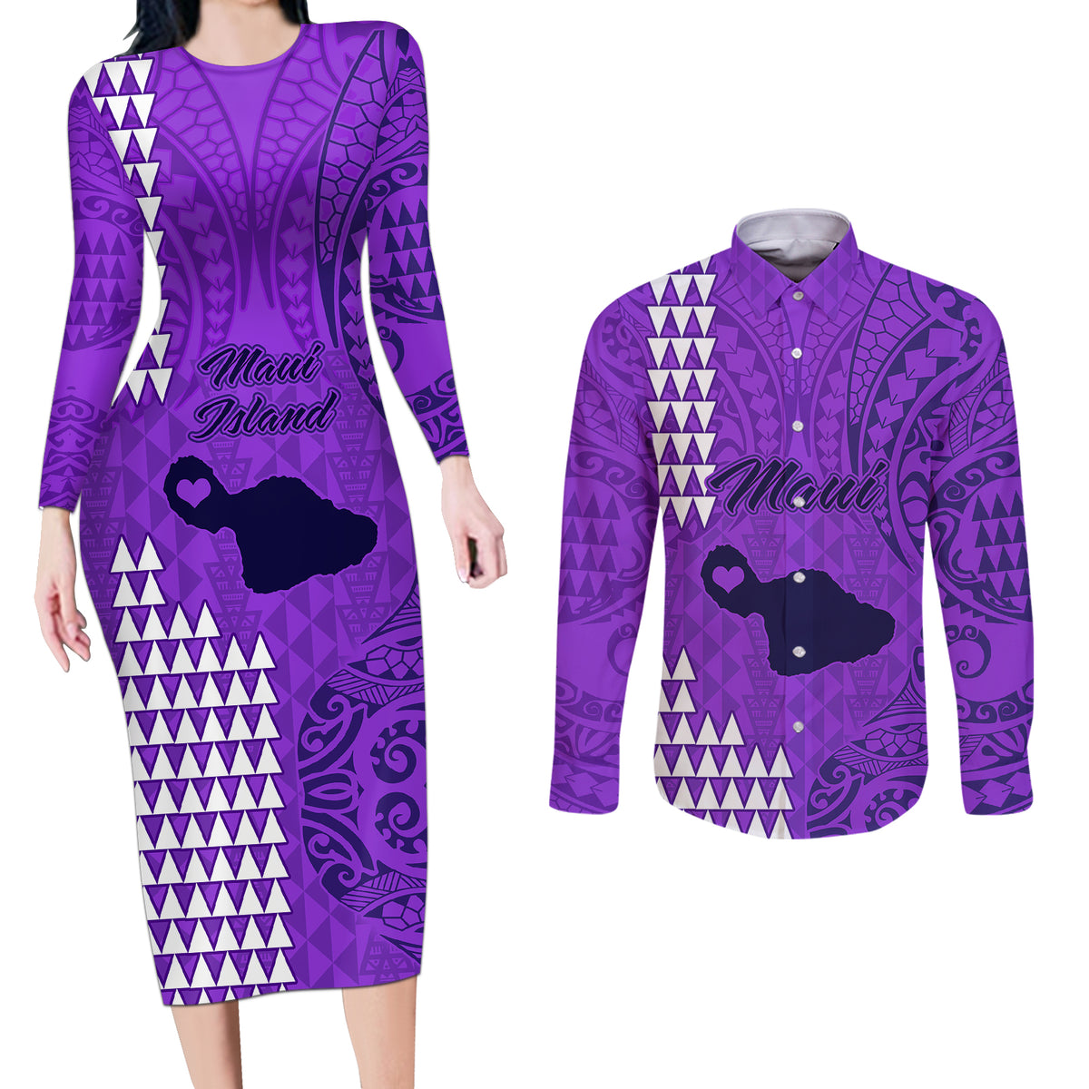 Maui Island Couples Matching Long Sleeve Bodycon Dress and Long Sleeve Button Shirts Kakau Tribal Mixed Polynesian Pattern Purple LT9 - Wonder Print Shop