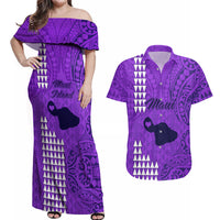 Maui Island Couples Matching Off Shoulder Maxi Dress and Hawaiian Shirt Kakau Tribal Mixed Polynesian Pattern Purple LT9 - Wonder Print Shop