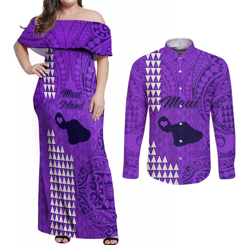 Maui Island Couples Matching Off Shoulder Maxi Dress and Long Sleeve Button Shirts Kakau Tribal Mixed Polynesian Pattern Purple LT9 - Wonder Print Shop