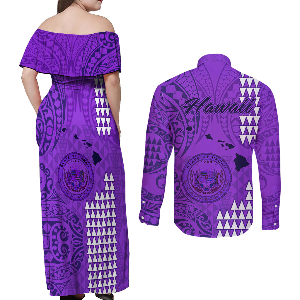 Maui Island Couples Matching Off Shoulder Maxi Dress and Long Sleeve Button Shirts Kakau Tribal Mixed Polynesian Pattern Purple LT9 - Wonder Print Shop