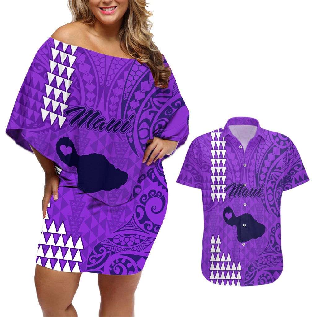 Maui Island Couples Matching Off Shoulder Short Dress and Hawaiian Shirt Kakau Tribal Mixed Polynesian Pattern Purple LT9 - Wonder Print Shop