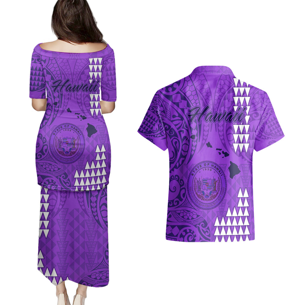 Maui Island Couples Matching Puletasi Dress and Hawaiian Shirt Kakau Tribal Mixed Polynesian Pattern Purple LT9 - Wonder Print Shop