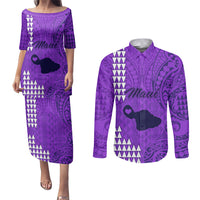 Maui Island Couples Matching Puletasi Dress and Long Sleeve Button Shirts Kakau Tribal Mixed Polynesian Pattern Purple LT9 - Wonder Print Shop