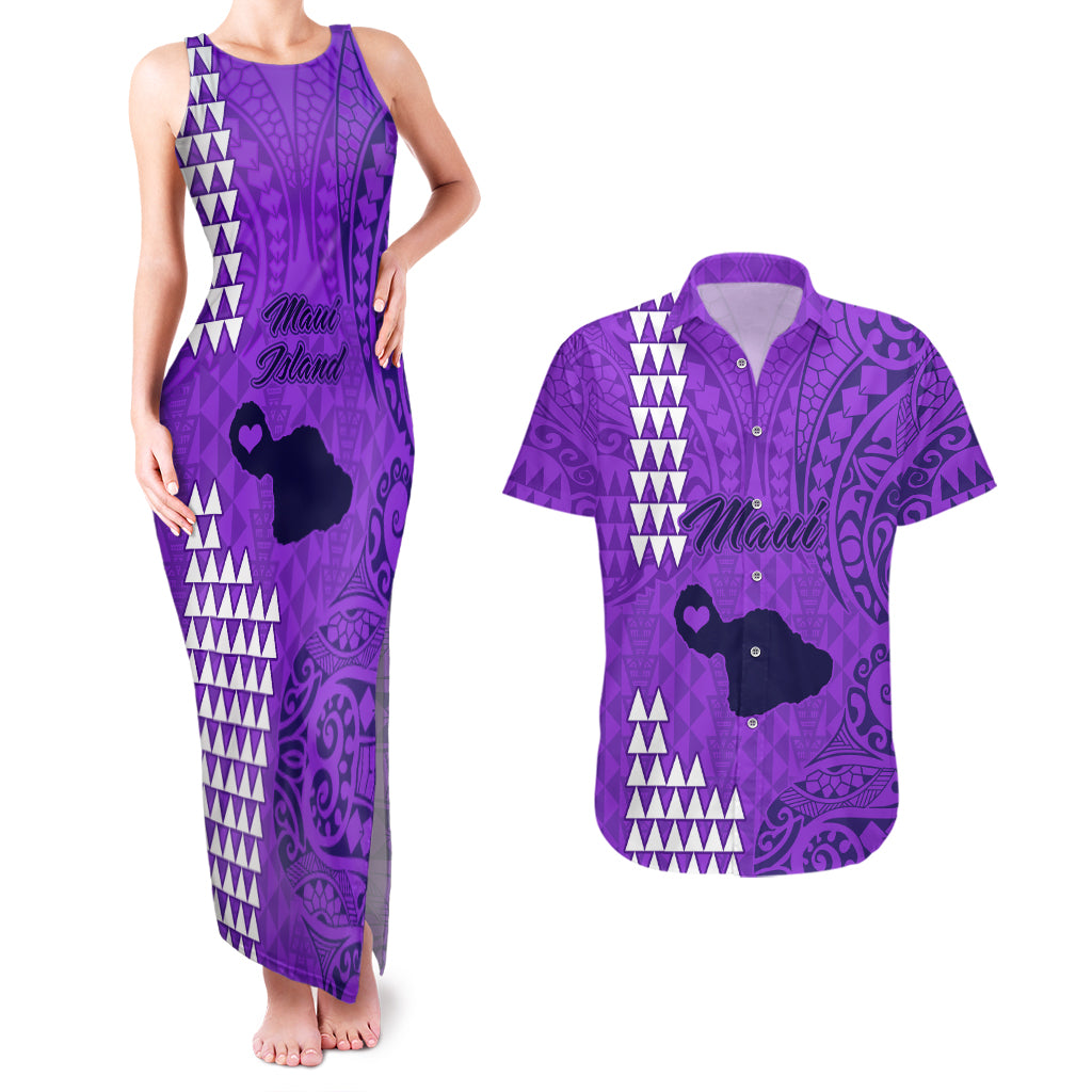 Maui Island Couples Matching Tank Maxi Dress and Hawaiian Shirt Kakau Tribal Mixed Polynesian Pattern Purple LT9 - Wonder Print Shop
