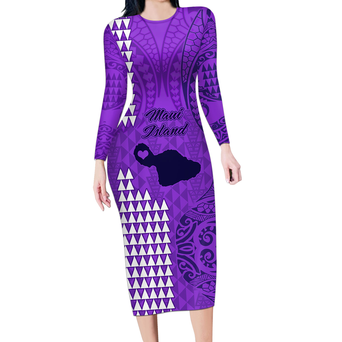 Maui Island Long Sleeve Bodycon Dress Kakau Tribal Mixed Polynesian Pattern Purple - Wonder Print Shop