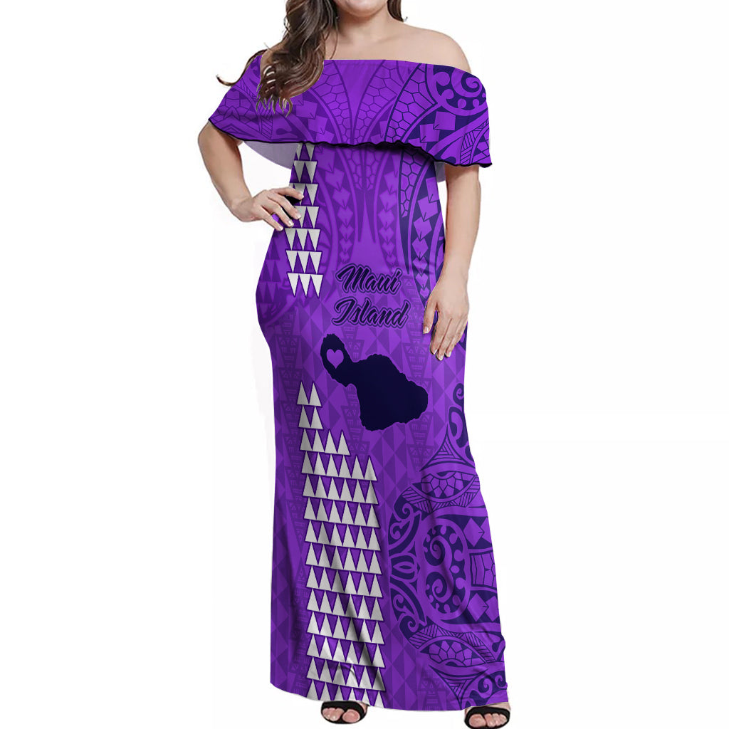 Maui Island Off Shoulder Maxi Dress Kakau Tribal Mixed Polynesian Pattern Purple - Wonder Print Shop