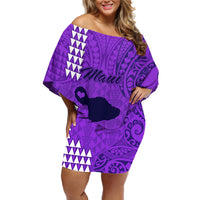 Maui Island Off Shoulder Short Dress Kakau Tribal Mixed Polynesian Pattern Purple - Wonder Print Shop