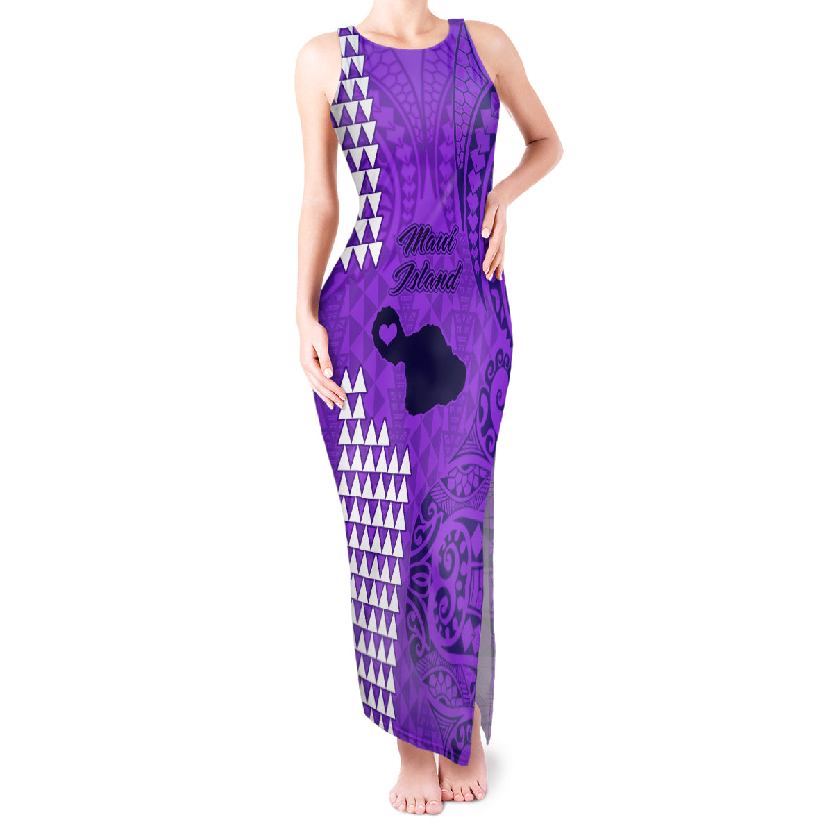 Maui Island Tank Maxi Dress Kakau Tribal Mixed Polynesian Pattern Purple - Wonder Print Shop