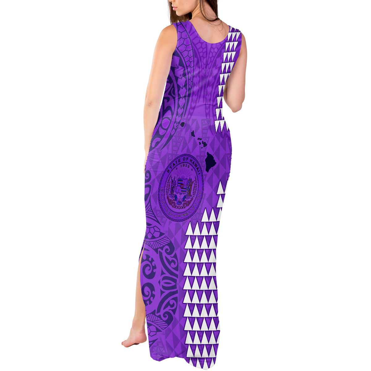 Maui Island Tank Maxi Dress Kakau Tribal Mixed Polynesian Pattern Purple - Wonder Print Shop