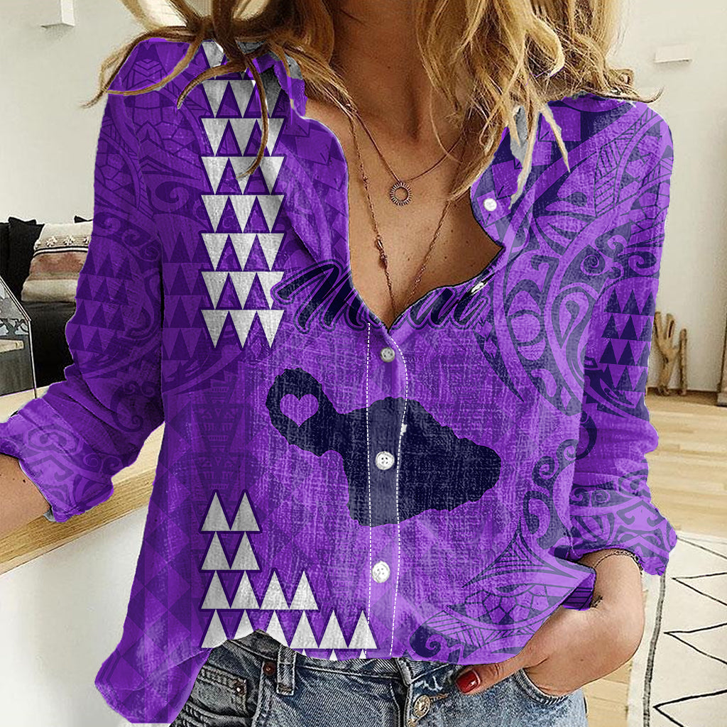 Maui Island Women Casual Shirt Kakau Tribal Mixed Polynesian Pattern Purple - Wonder Print Shop