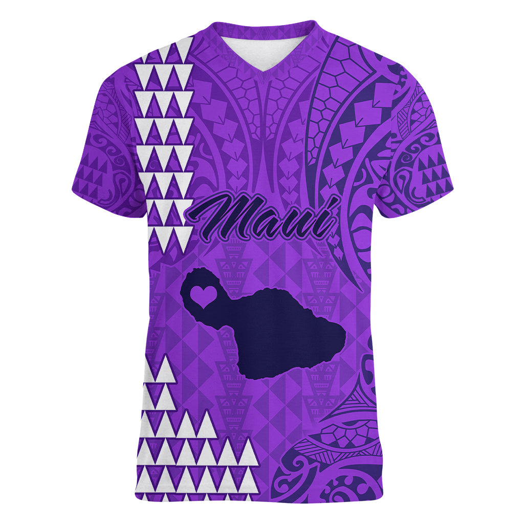Maui Island Women V Neck T Shirt Kakau Tribal Mixed Polynesian Pattern Purple - Wonder Print Shop