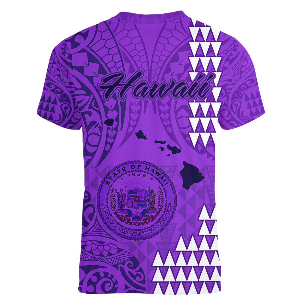Maui Island Women V Neck T Shirt Kakau Tribal Mixed Polynesian Pattern Purple - Wonder Print Shop