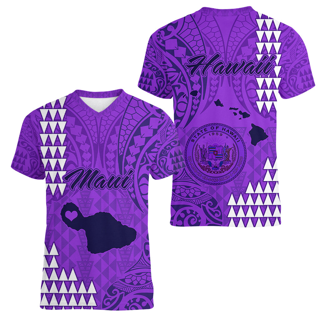 Maui Island Women V Neck T Shirt Kakau Tribal Mixed Polynesian Pattern Purple - Wonder Print Shop
